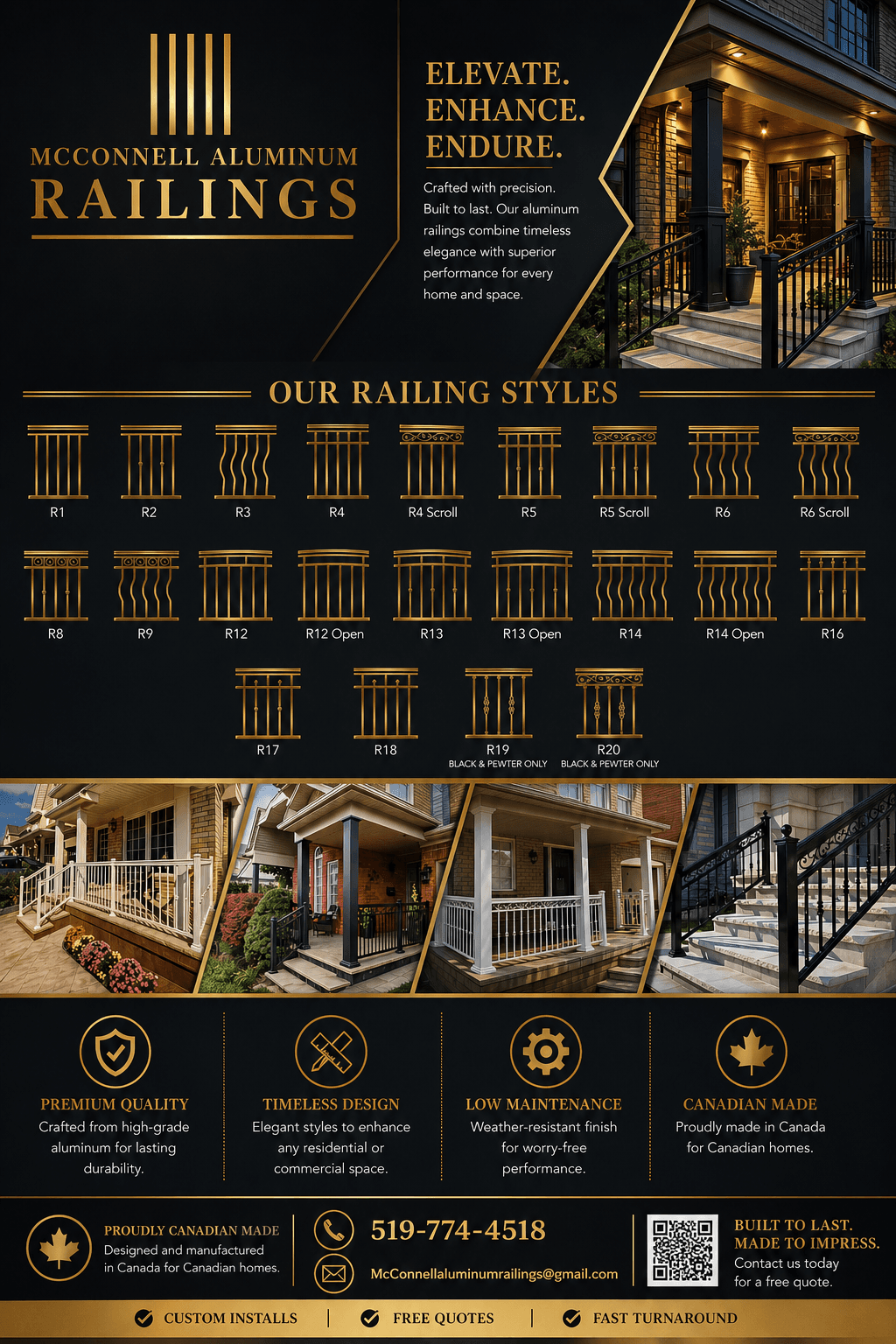 McConnell Aluminum Railings advertisement showcasing various railing styles, installation photos, and contact information.