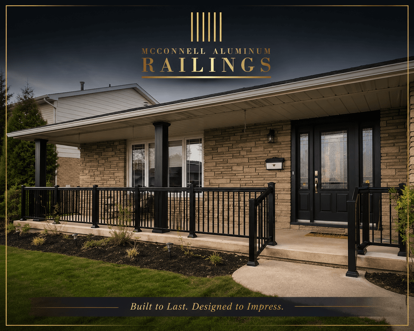 Black aluminum railings on a tan brick house porch featuring a black front door.