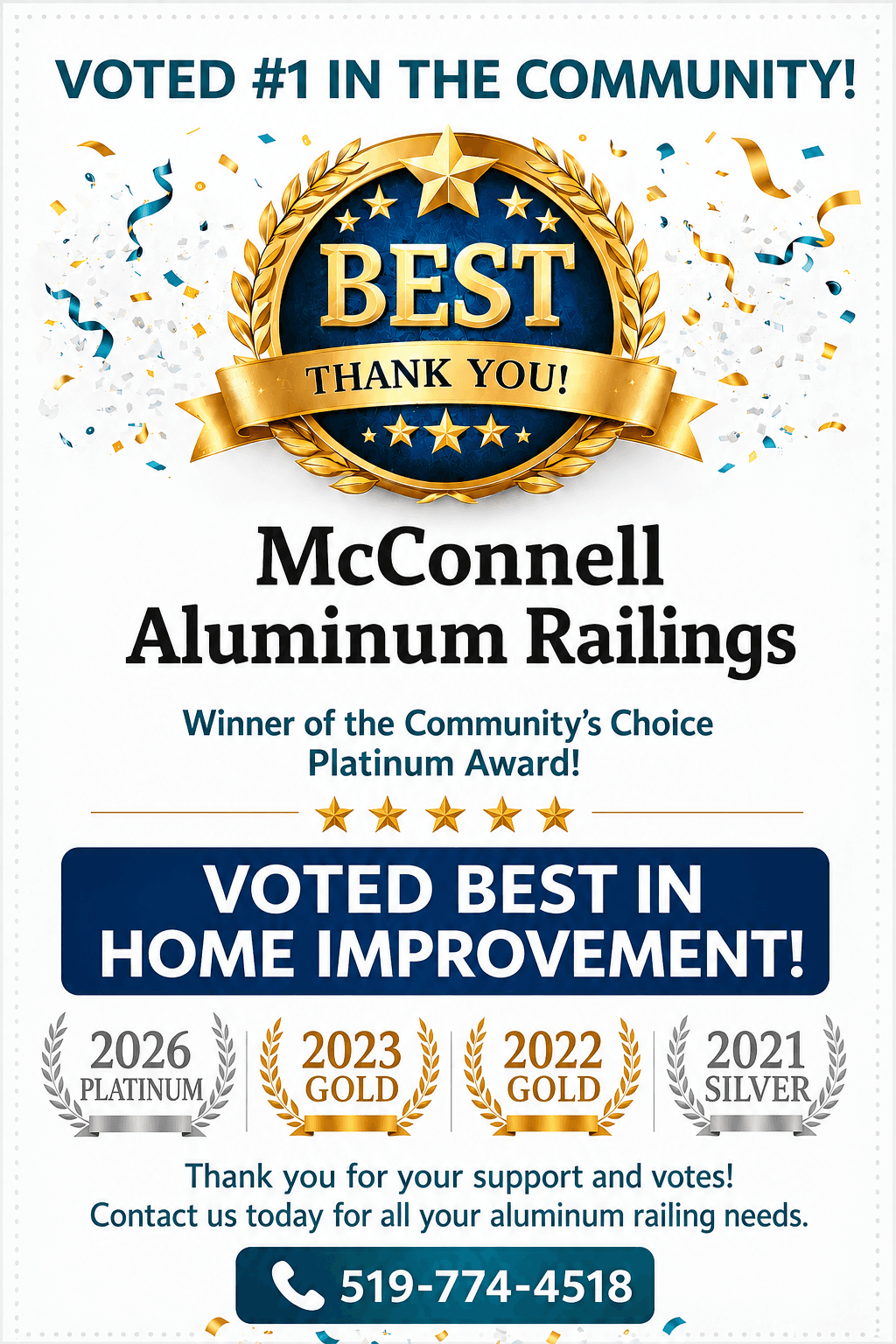 McConnell Aluminum Railings award graphic celebrating community choice wins for best in home improvement.