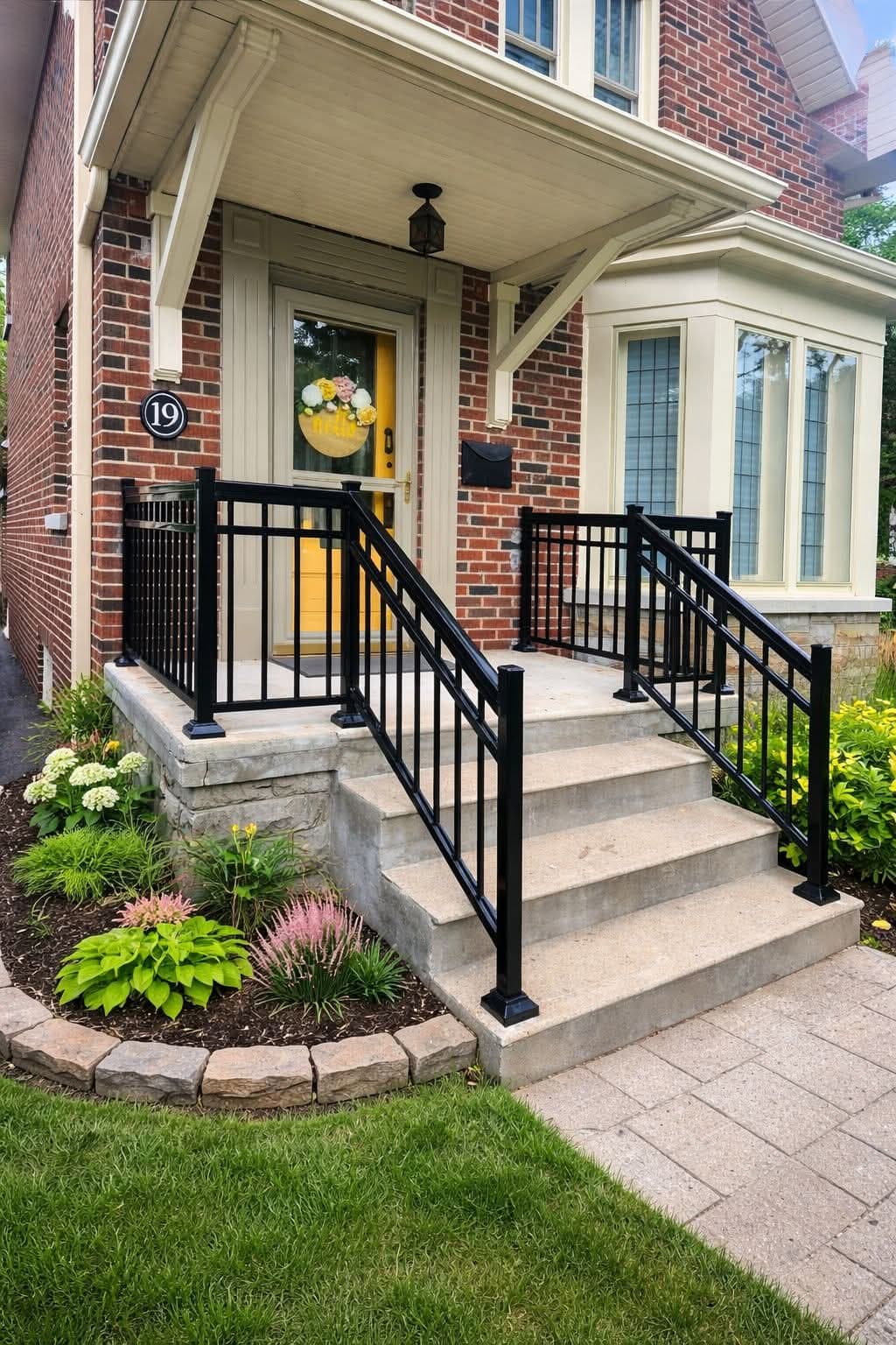 Concrete steps with black metal railings lead to a yellow door on a brick house.