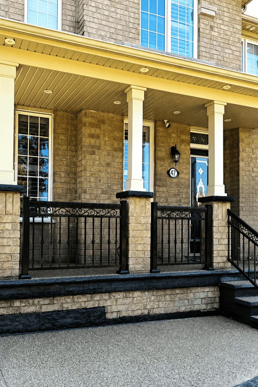 Tan brick house porch with black metal railings, white pillars, and a black front door.